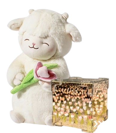 Pack: Peluche Cordero + Lámpara Decorativa de Tulipanes
